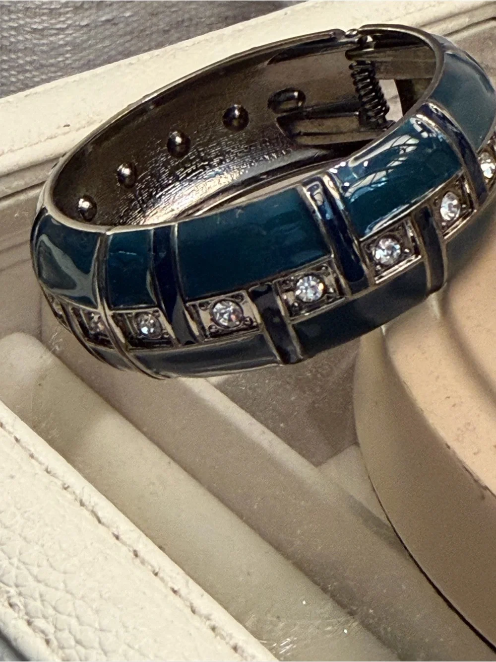 Dark Teal Enamel Hinged Bracelet with Crystal Accents